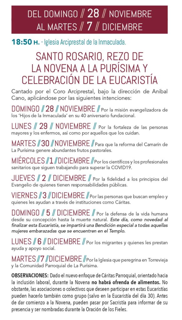 Programa de Fiestas Patronales Torrevieja 2021 santo rosario y canto de la novena a La Purisima