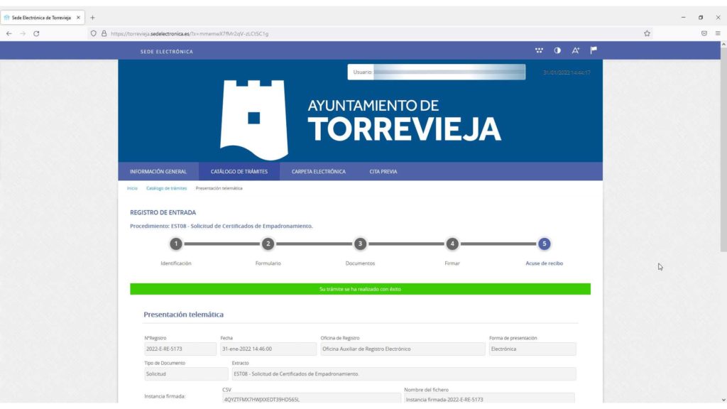 Tramite realizado con éxito en la sede electrónica del Ayuntamiento de Torrevieja