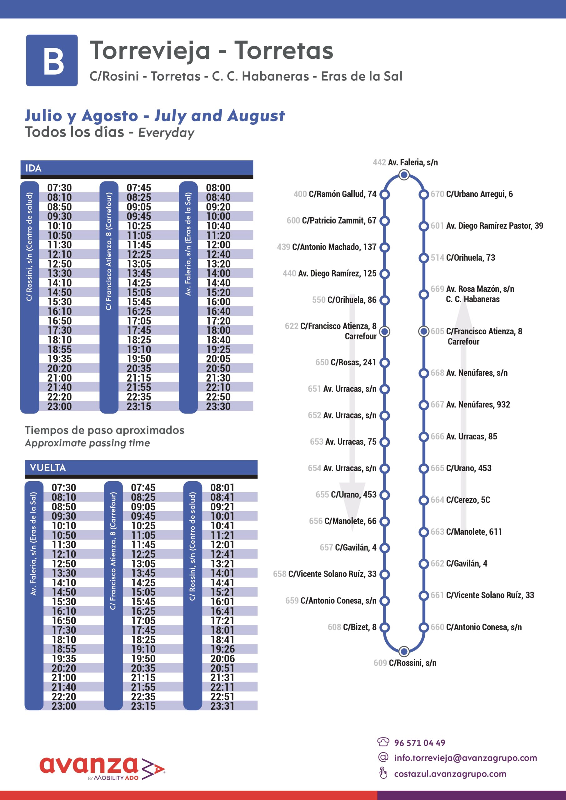 LINEA-B-Torrevieja-Torretas-Horario-bus-todos los días-de-Julio y Agosto-2026