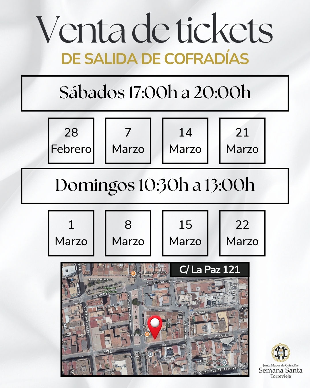 Todos los cofrades que deseen participar en las procesiones de Semana Santa en Torrevieja, deben de adquirir previamente el ticket de salida de su correspondiente cofradía.