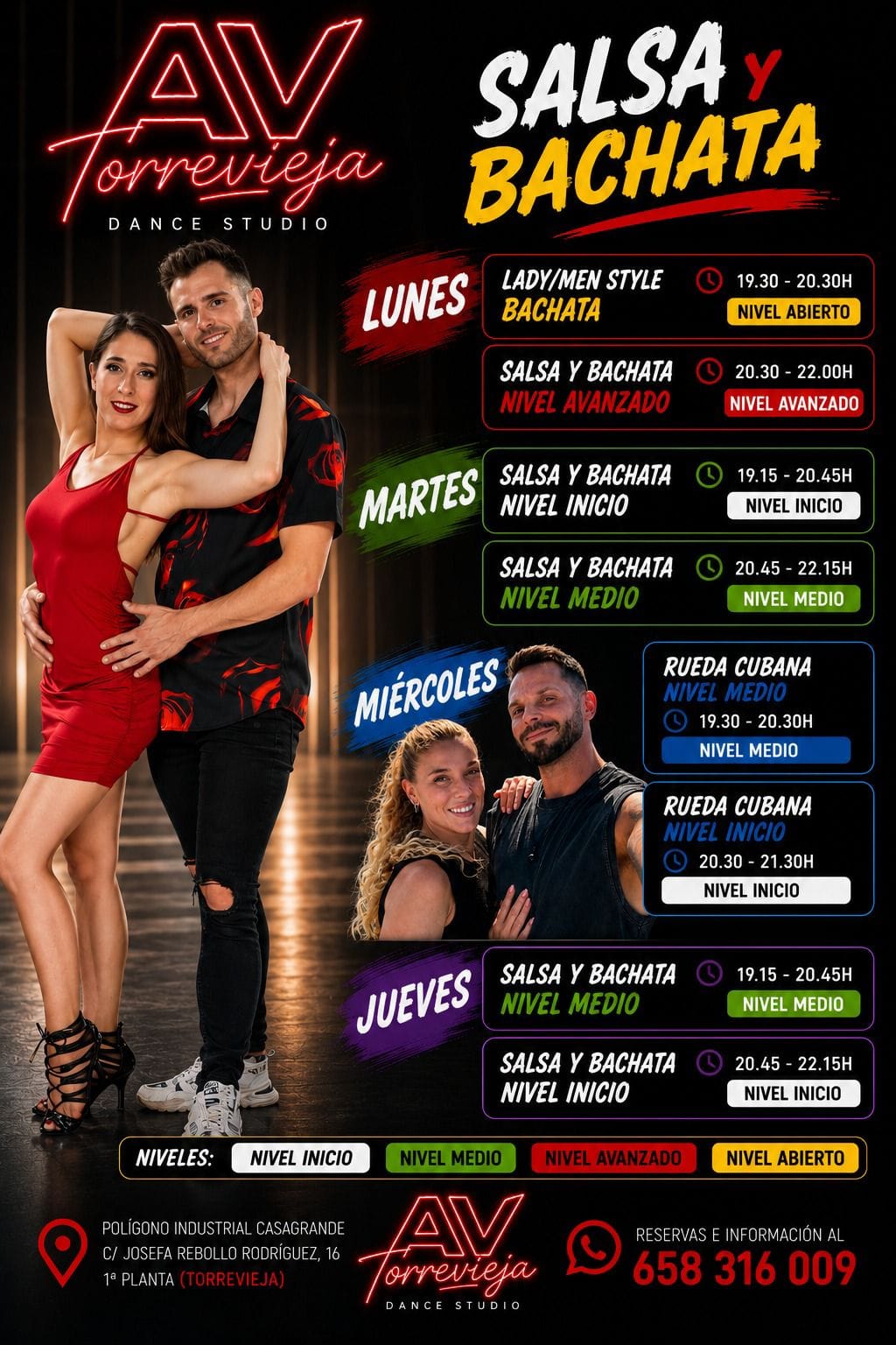 Alejandro y Vanessa con los horarios de salsa y bachata en Torrevieja 2026