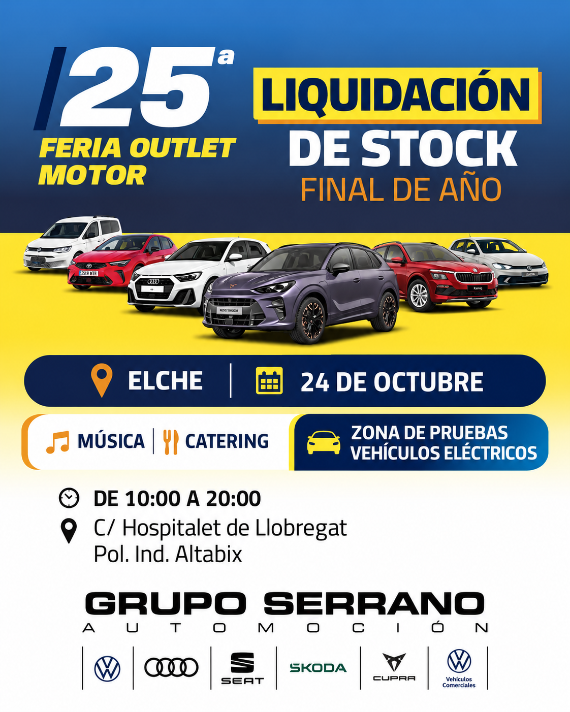 Cartel de la 25.ª Feria Outlet Motor de Grupo Serrano Automoción en Elche, 24 de octubre de 2026