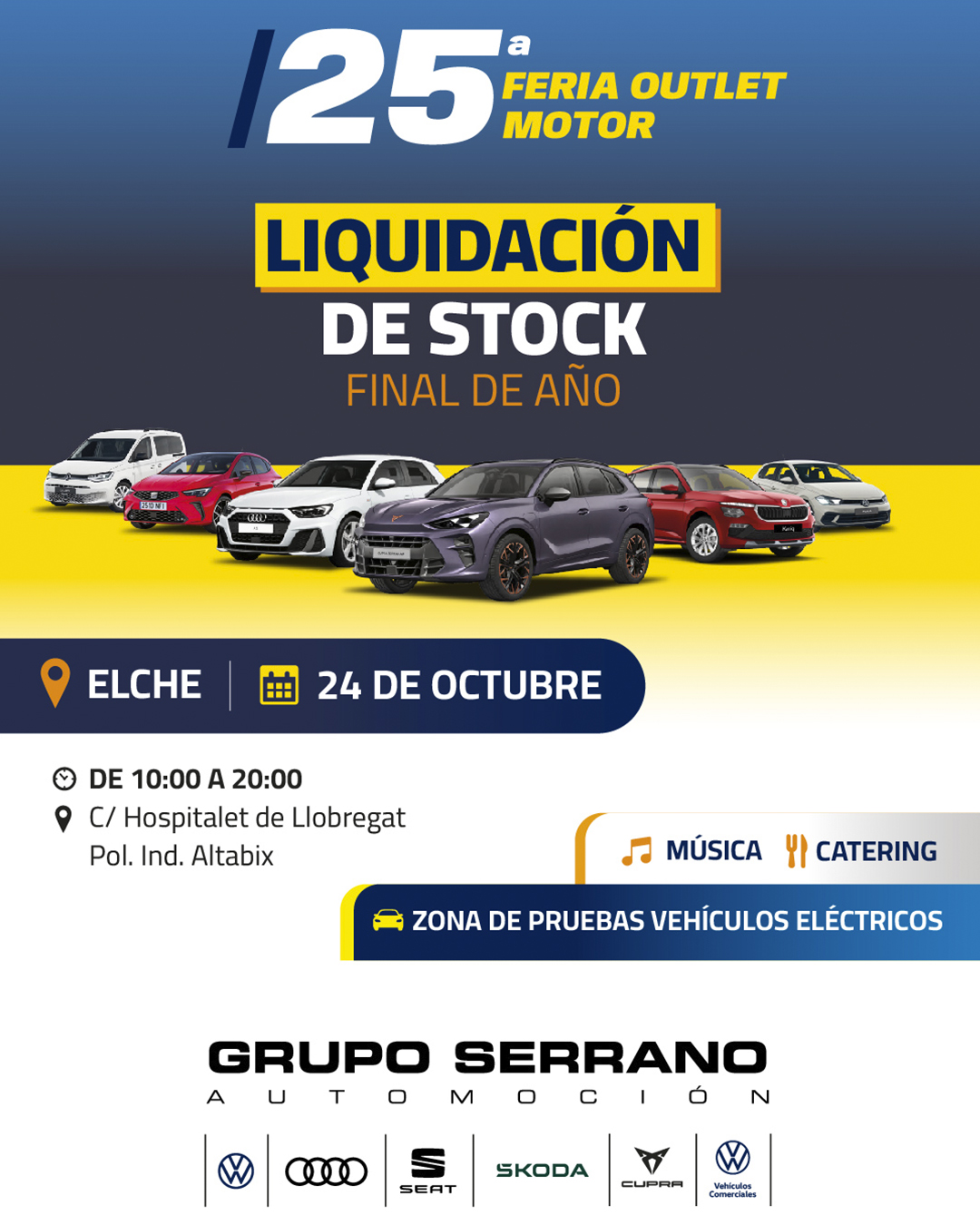 Cartel de la 25 Feria Outlet Motor de Grupo Serrano Automoción en Elche 24 de octubre de 2026