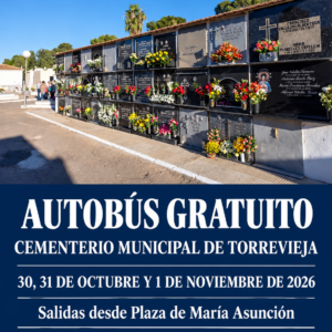 Cartel vertical del servicio de autobús gratuito al Cementerio Municipal de Torrevieja por Todos los Santos, 30 y 31 de octubre y 1 de noviembre de 2026