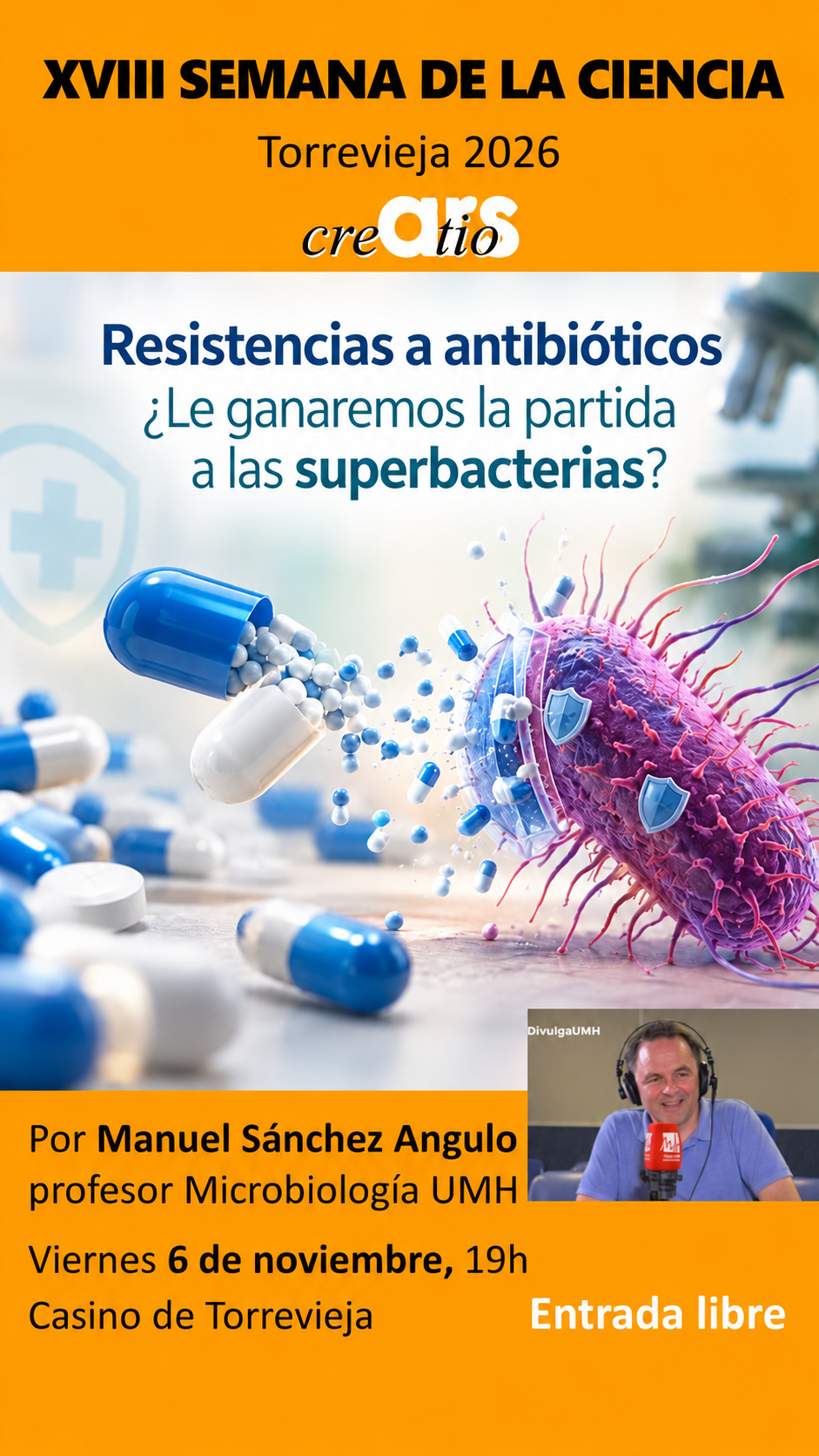 Cartel de la charla sobre resistencias a los antibióticos y superbacterias, el 6 de noviembre de 2026 en el Casino de Torrevieja