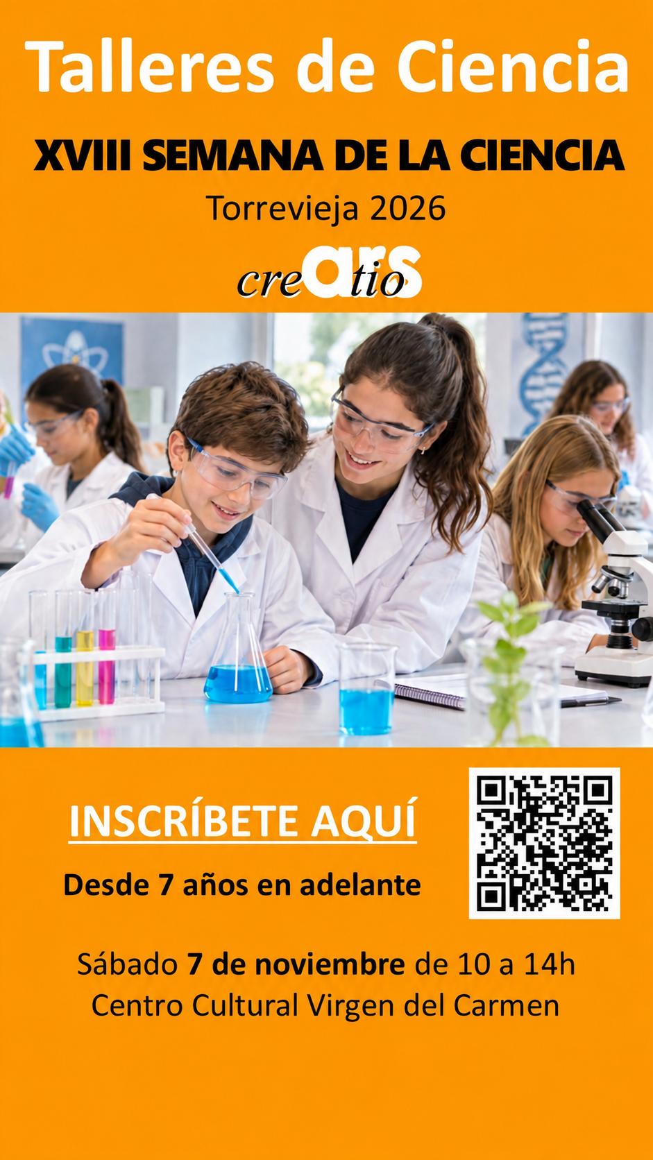 Cartel de los Talleres de Ciencia de la XVIII Semana de la Ciencia, el 7 de noviembre de 2026 en Torrevieja