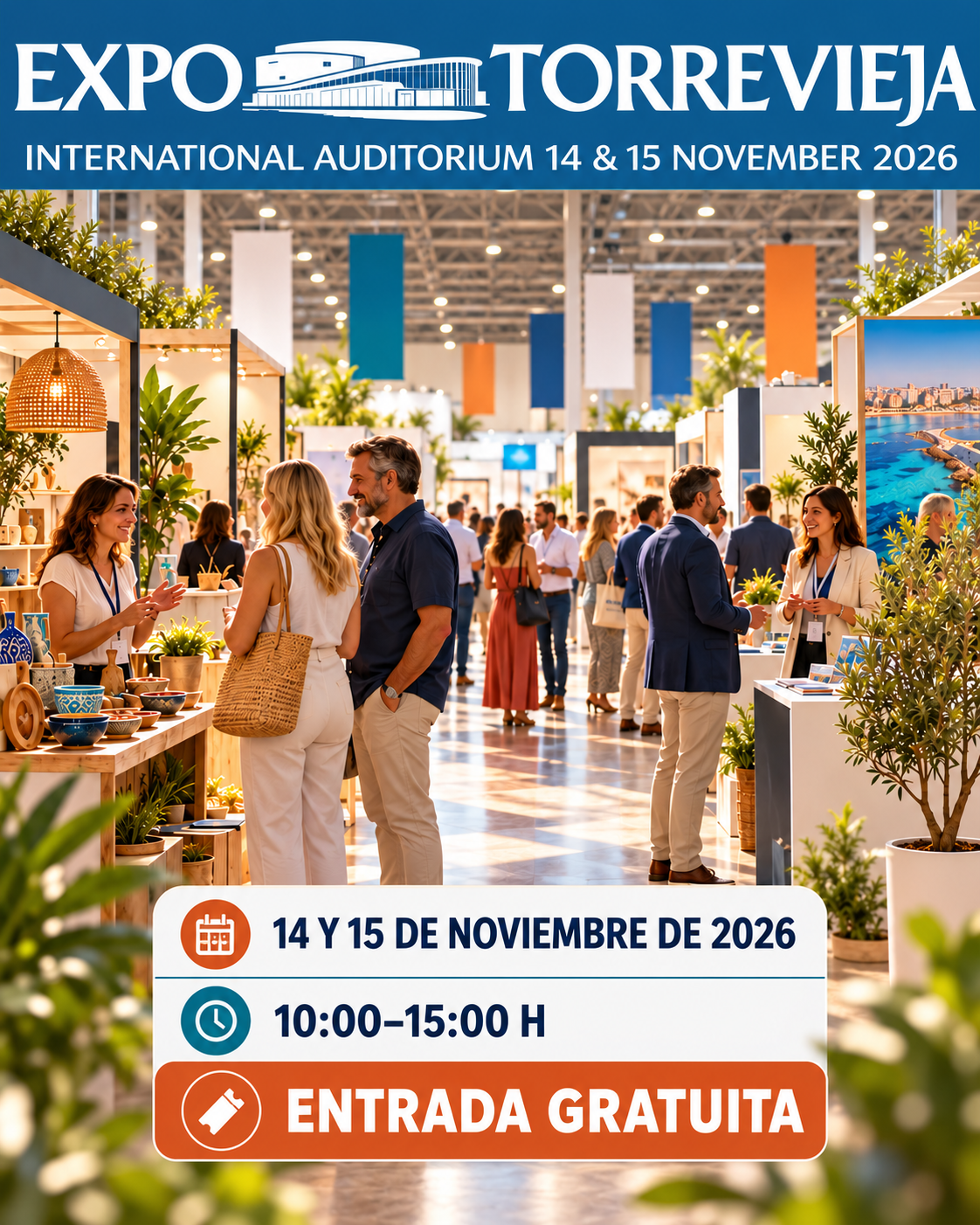 Imagen de Expo Torrevieja del 14 y 15 de noviembre de 2026 con el logo del evento, horario de 10:00 a 15:00 y entrada gratuita