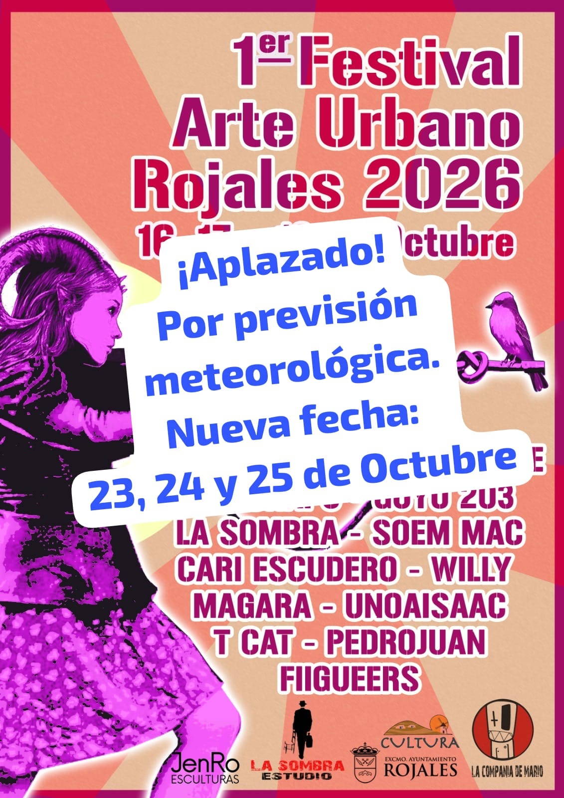 Cartel del I Festival de Arte Urbano de Rojales 2026 aplazado por previsión meteorológica, nueva fecha del 23 al 25 de octubre