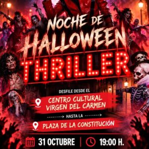 Affiche du défilé d’Halloween inspiré par Thriller à Torrevieja, le 31 octobre 2026 à 19h00, du Centre culturel Virgen del Carmen à la Plaza de la Constitución