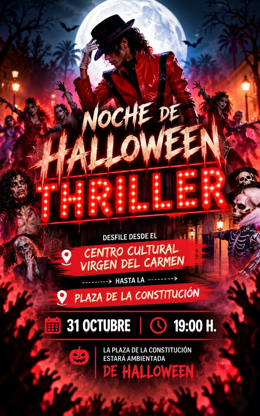 Affisch från Halloween-paraden inspirerad av Thriller i Torrevieja, den 31 oktober 2026 kl. 19:00, från Virgen del Carmen kulturcenter till Plaza de la Constitución