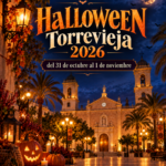 Cartel de Halloween Torrevieja 2026 con la fecha del 31 de octubre al 1 de noviembre y una escena nocturna de la plaza de la Constitución