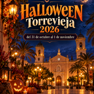 Cartel de Halloween Torrevieja 2026 con la fecha del 31 de octubre al 1 de noviembre y una escena nocturna de la plaza de la Constitución
