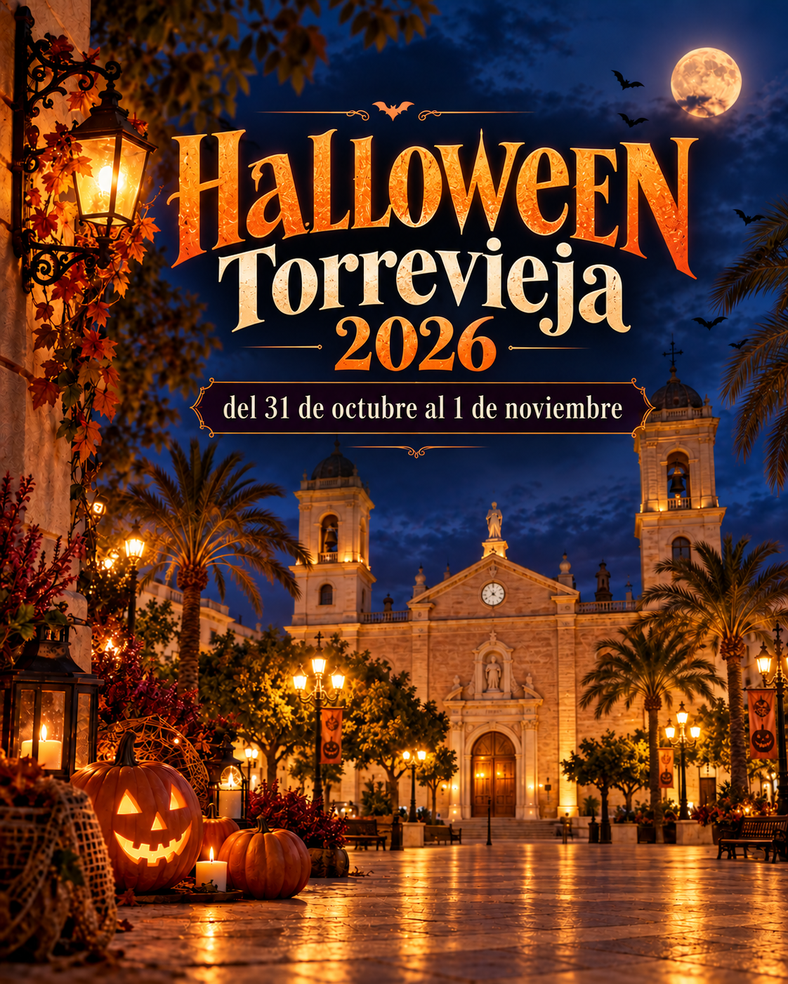 Cartel de Halloween Torrevieja 2026 con la fecha del 31 de octubre al 1 de noviembre y una escena nocturna de la plaza de la Constitución
