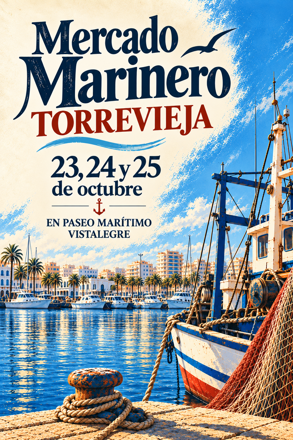 Vertical poster of the Marine Market on Paseo Vista Alegre in Torrevieja, from 23 to 25 October 2026