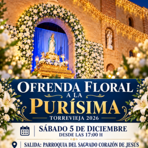 Cartel ilustrado de la Ofrenda Floral a la Purísima en Torrevieja 2026, el sábado 5 de diciembre desde las 17:00 horas