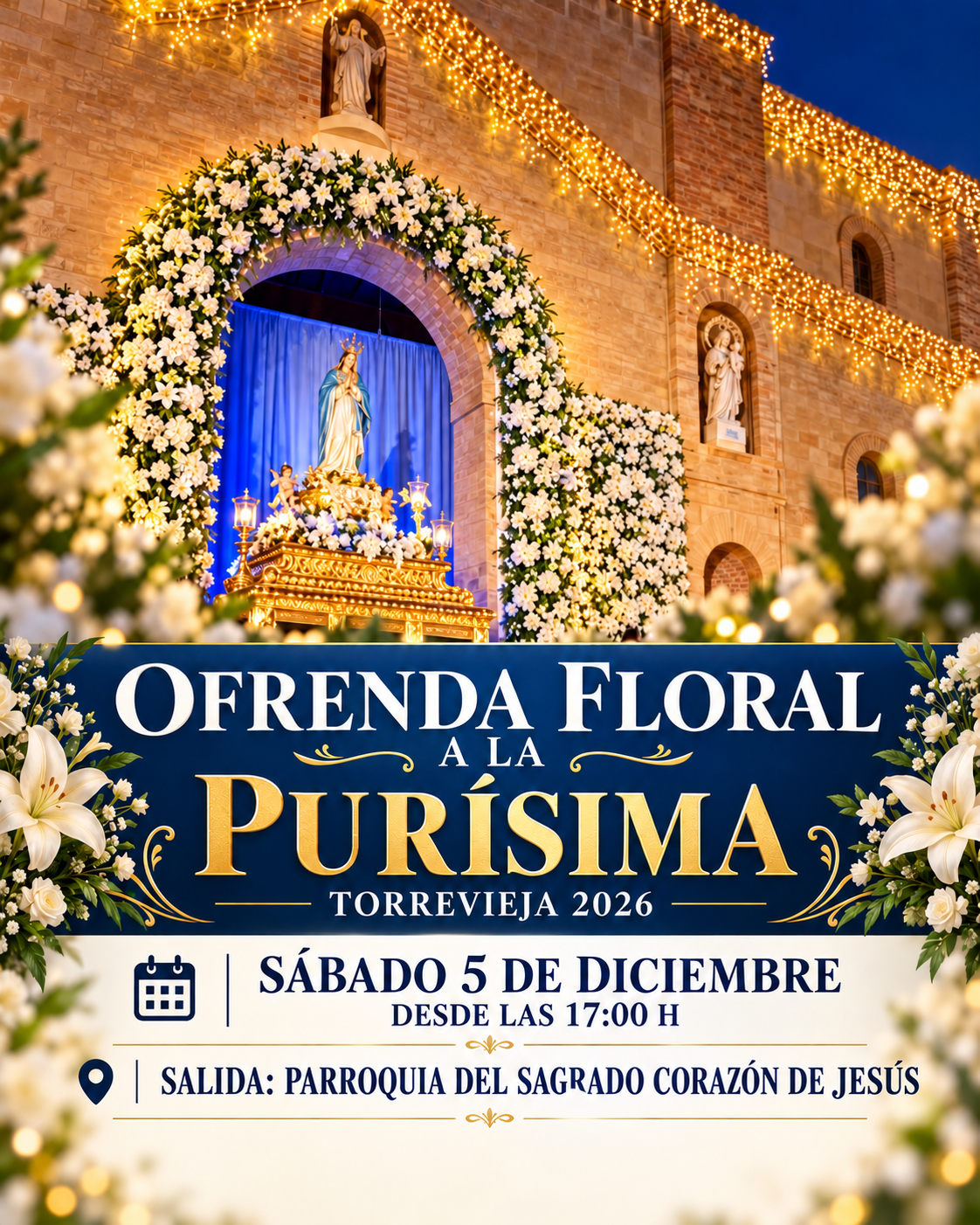 Cartel ilustrado de la Ofrenda Floral a la Purísima en Torrevieja 2026, el sábado 5 de diciembre desde las 17:00 horas