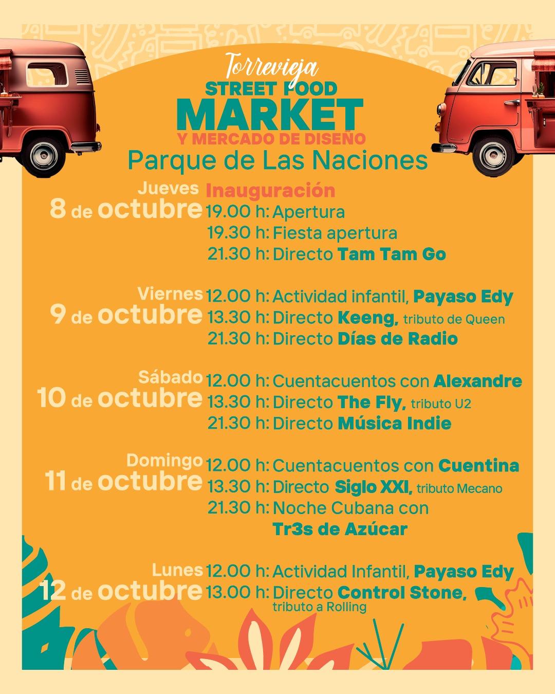 Programación de Torrevieja Street Food Market del 8 al 12 de octubre de 2026