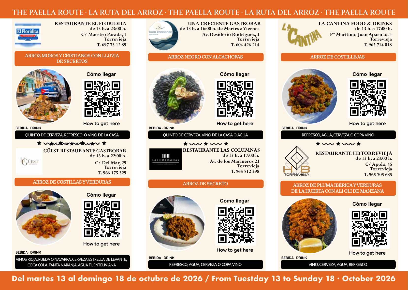 Tríptico interior de The Paella Route 2026: otros seis restaurantes y sus arroces